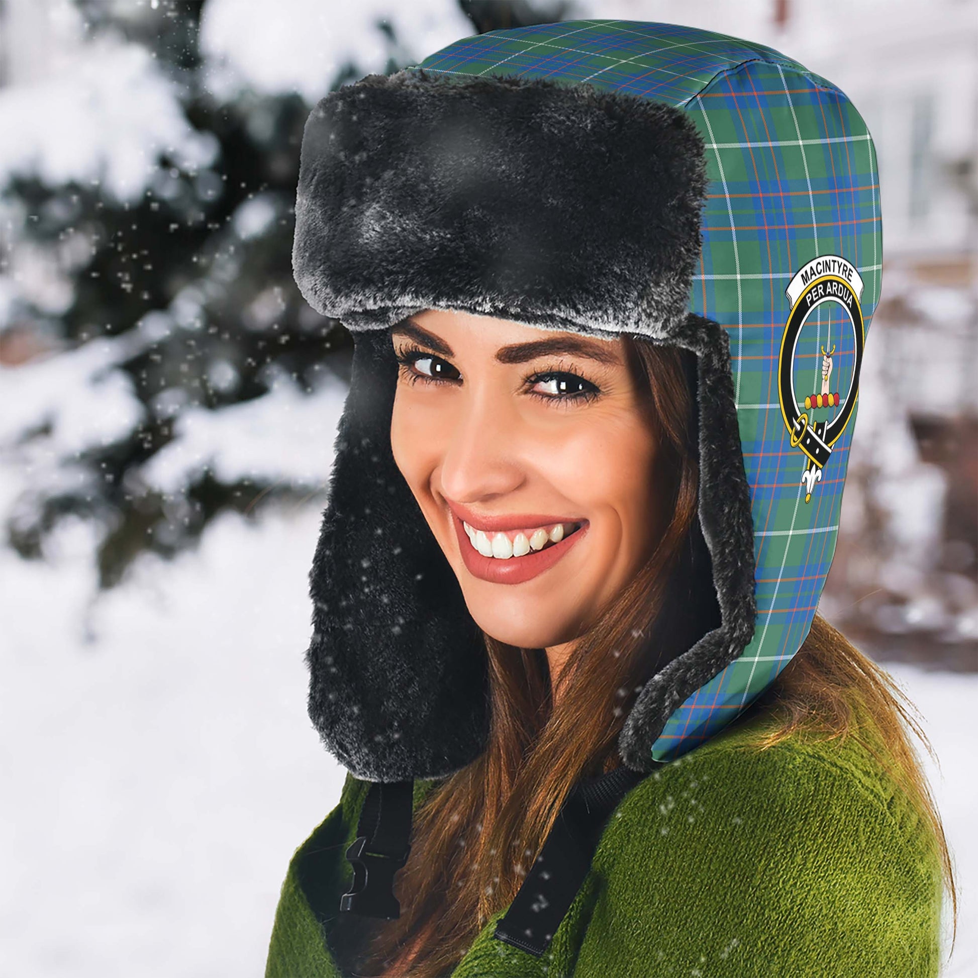 MacIntyre Hunting Ancient Tartan Winter Trapper Hat with Family Crest - Tartanvibesclothing