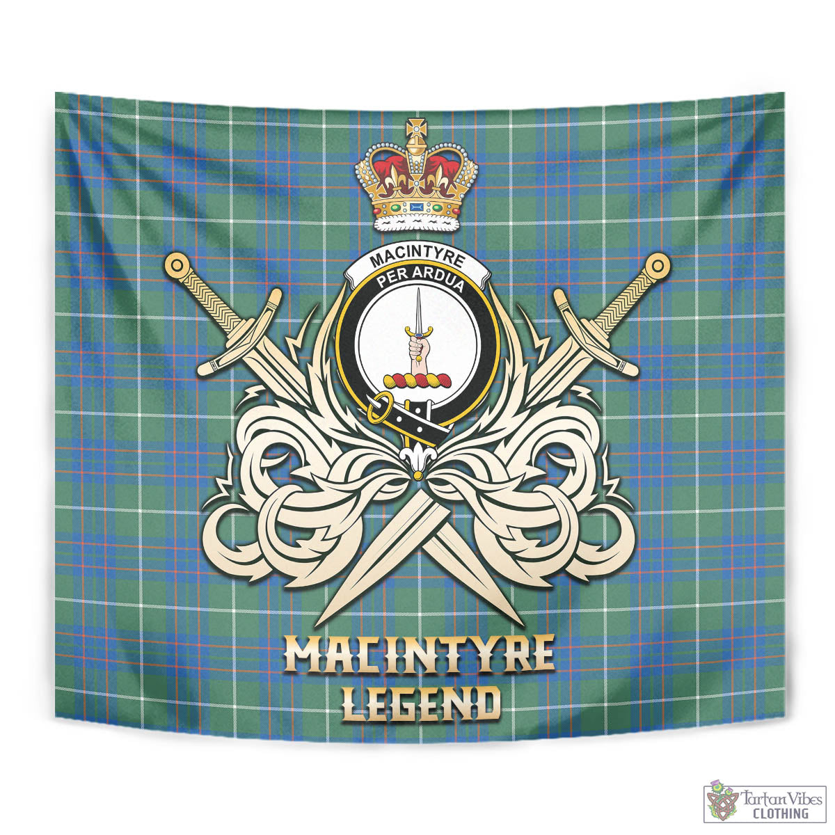 Tartan Vibes Clothing MacIntyre Hunting Ancient Tartan Tapestry with Clan Crest and the Golden Sword of Courageous Legacy