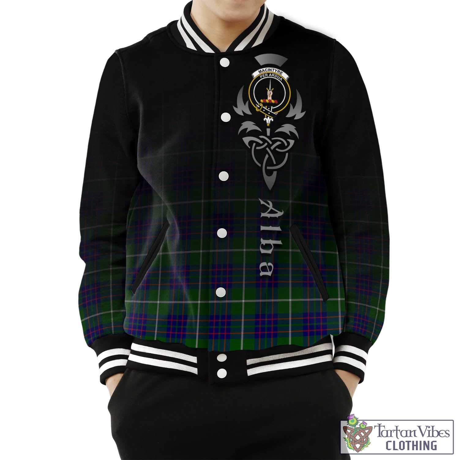 Tartan Vibes Clothing MacIntyre Hunting Modern Tartan Baseball Jacket Featuring Alba Gu Brath Family Crest Celtic Inspired