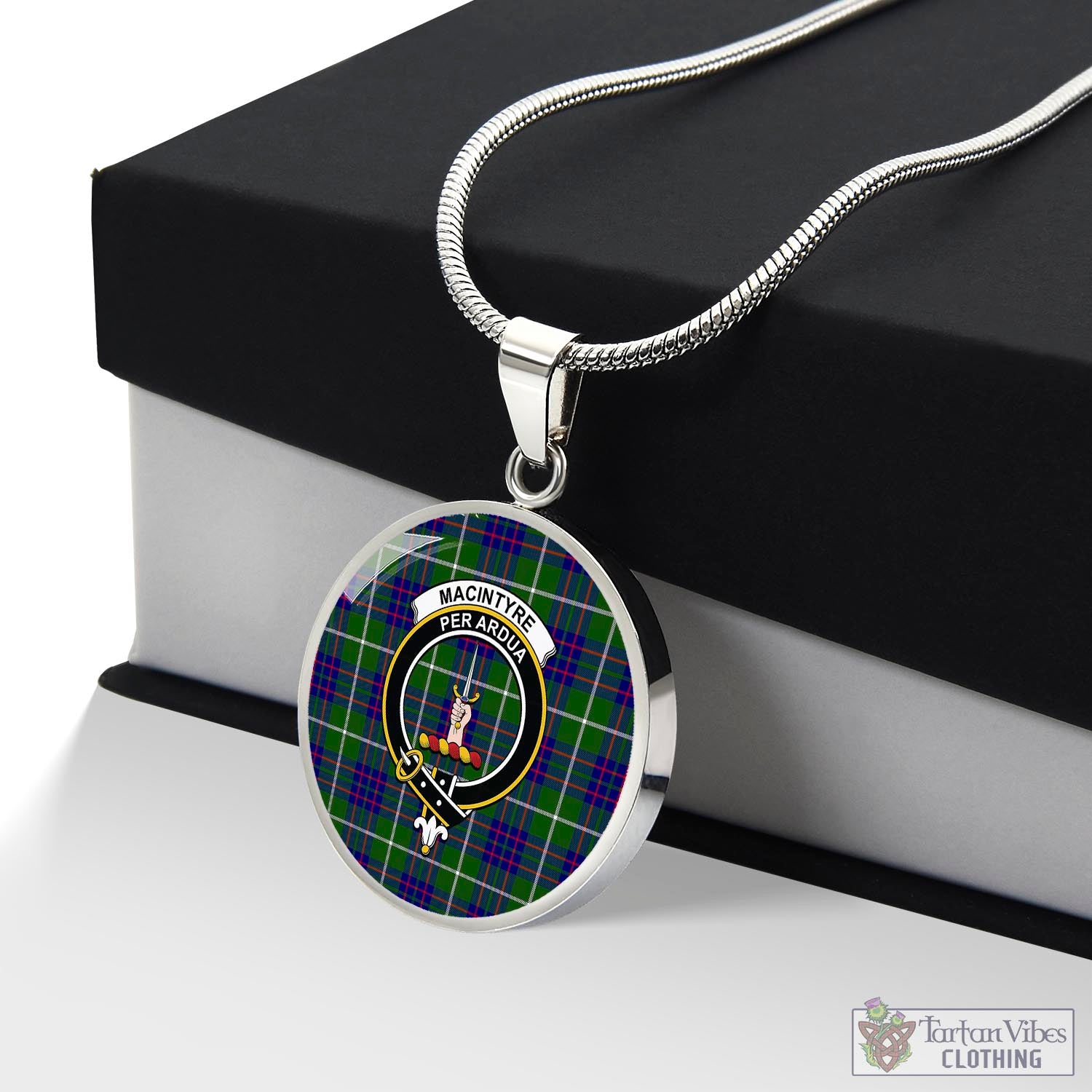 Tartan Vibes Clothing MacIntyre Hunting Modern Tartan Circle Necklace with Family Crest