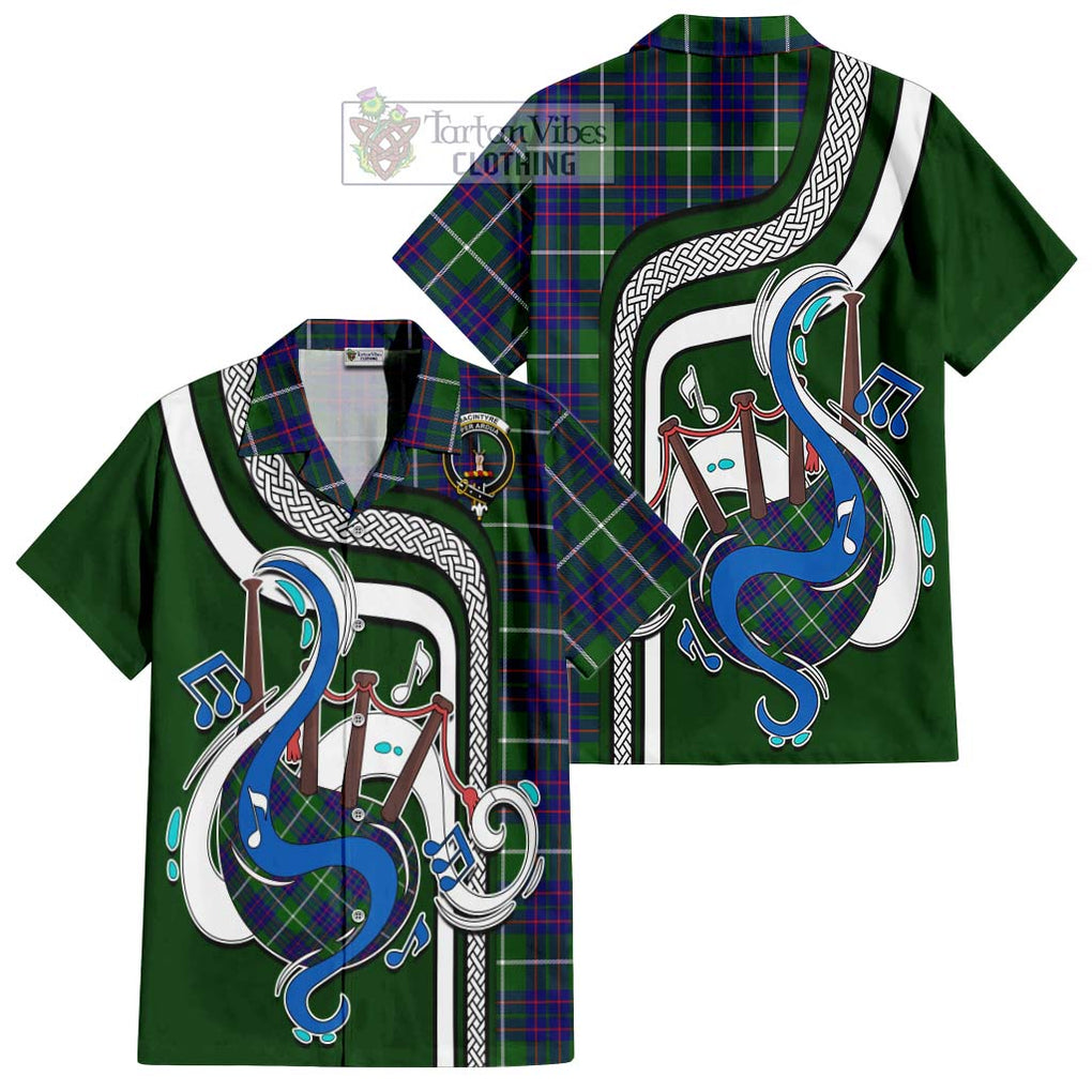 MacIntyre Hunting Modern Tartan Short Sleeve Button Shirt with Epic Bagpipe Style Kid - Tartanvibesclothing Shop