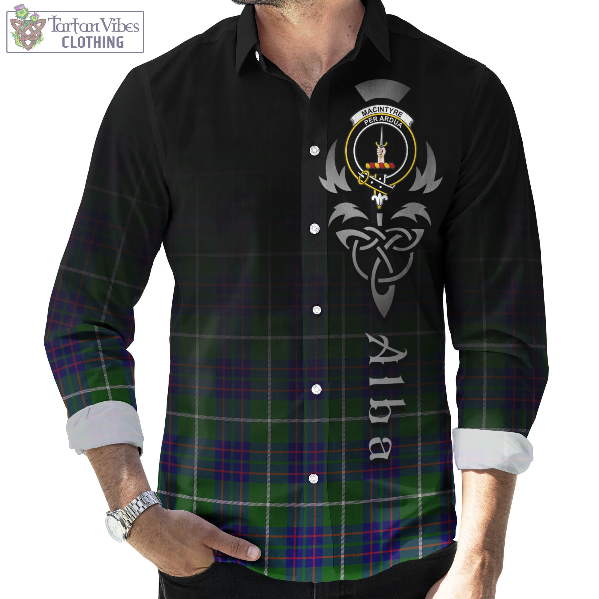 Tartan Vibes Clothing MacIntyre Hunting Modern Tartan Long Sleeve Button Up Featuring Alba Gu Brath Family Crest Celtic Inspired