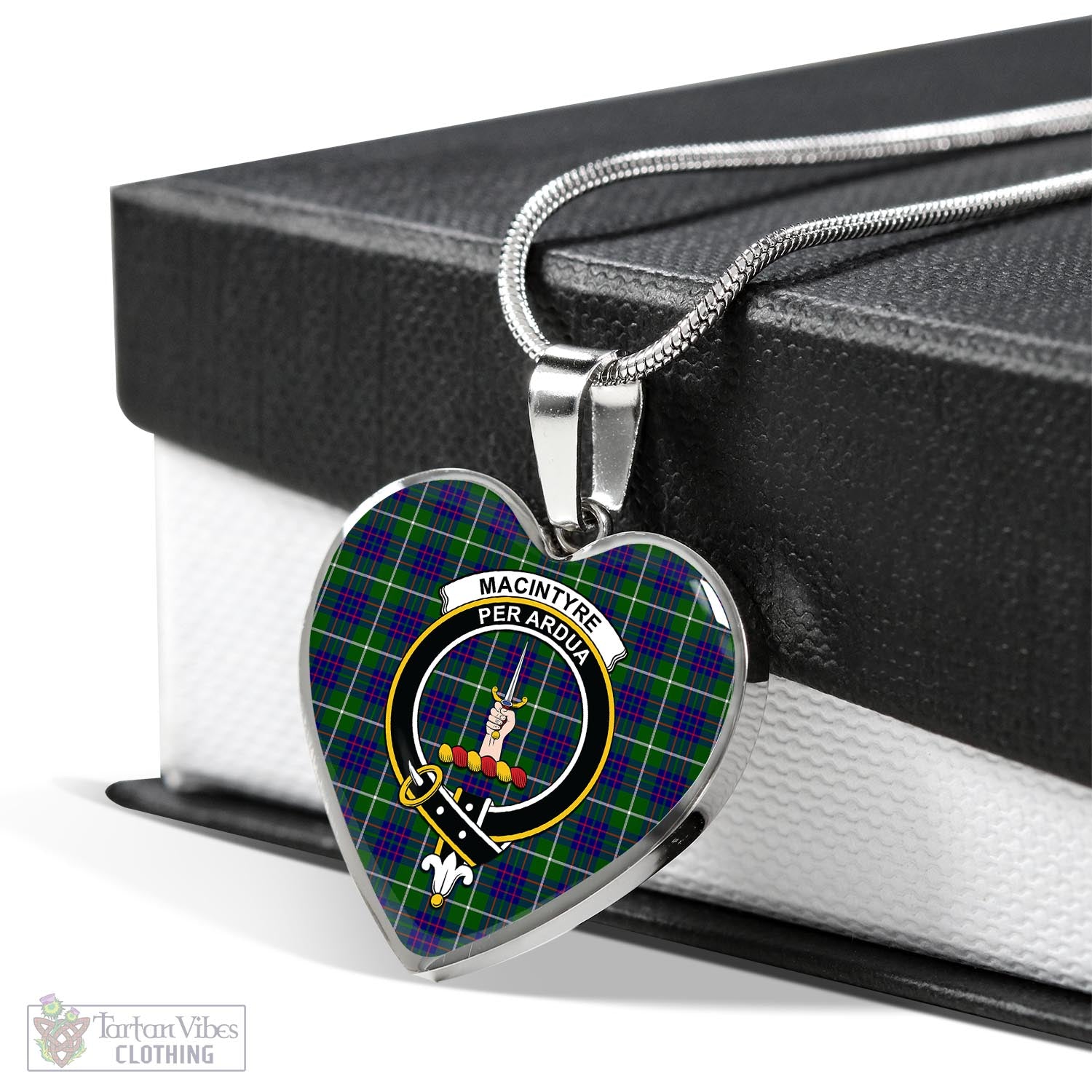 Tartan Vibes Clothing MacIntyre Hunting Modern Tartan Heart Necklace with Family Crest