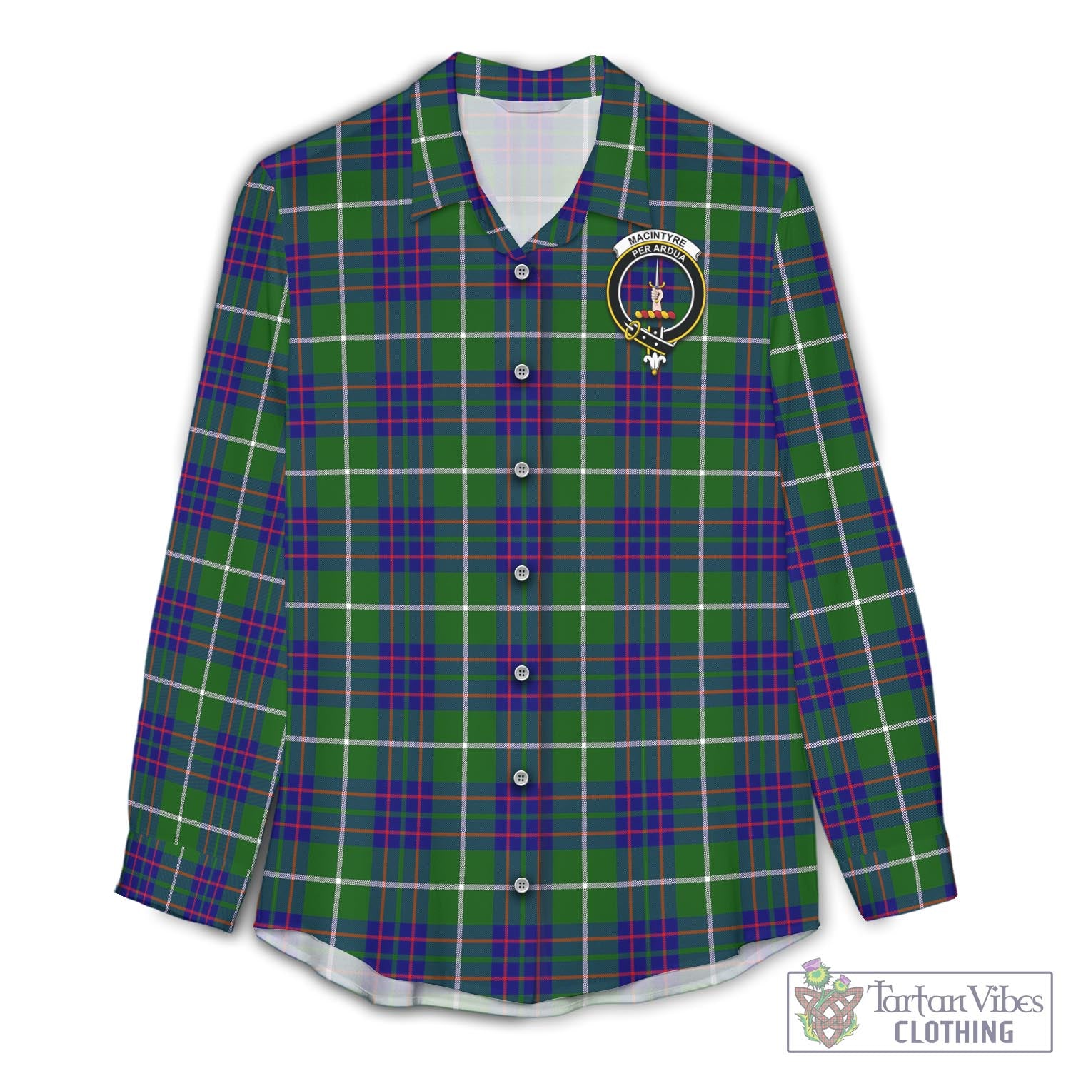 Tartan Vibes Clothing MacIntyre Hunting Modern Tartan Womens Casual Shirt with Family Crest