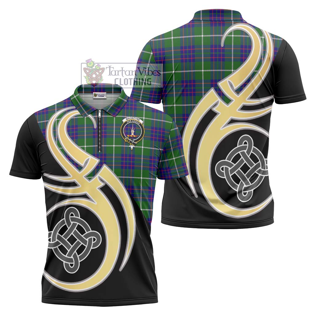 Tartan Vibes Clothing MacIntyre Hunting Modern Tartan Zipper Polo Shirt with Family Crest and Celtic Symbol Style
