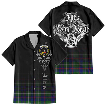 MacIntyre Hunting Modern Tartan Short Sleeve Button Up Shirt Featuring Alba Gu Brath Family Crest Celtic Inspired