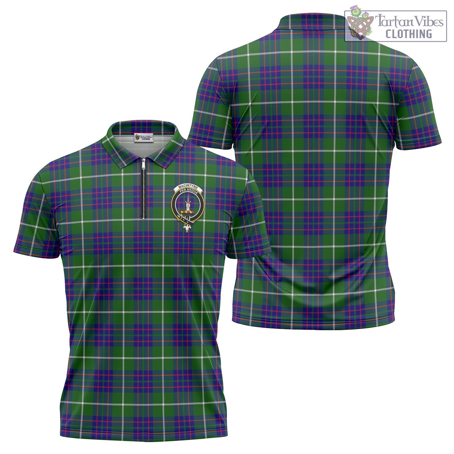 Tartan Vibes Clothing MacIntyre Hunting Modern Tartan Zipper Polo Shirt with Family Crest