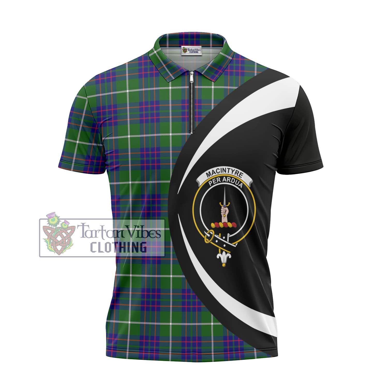 Tartan Vibes Clothing MacIntyre Hunting Modern Tartan Zipper Polo Shirt with Family Crest Circle Style