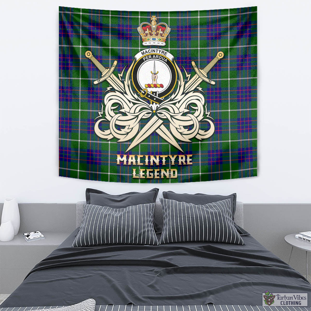 Tartan Vibes Clothing MacIntyre Hunting Modern Tartan Tapestry with Clan Crest and the Golden Sword of Courageous Legacy