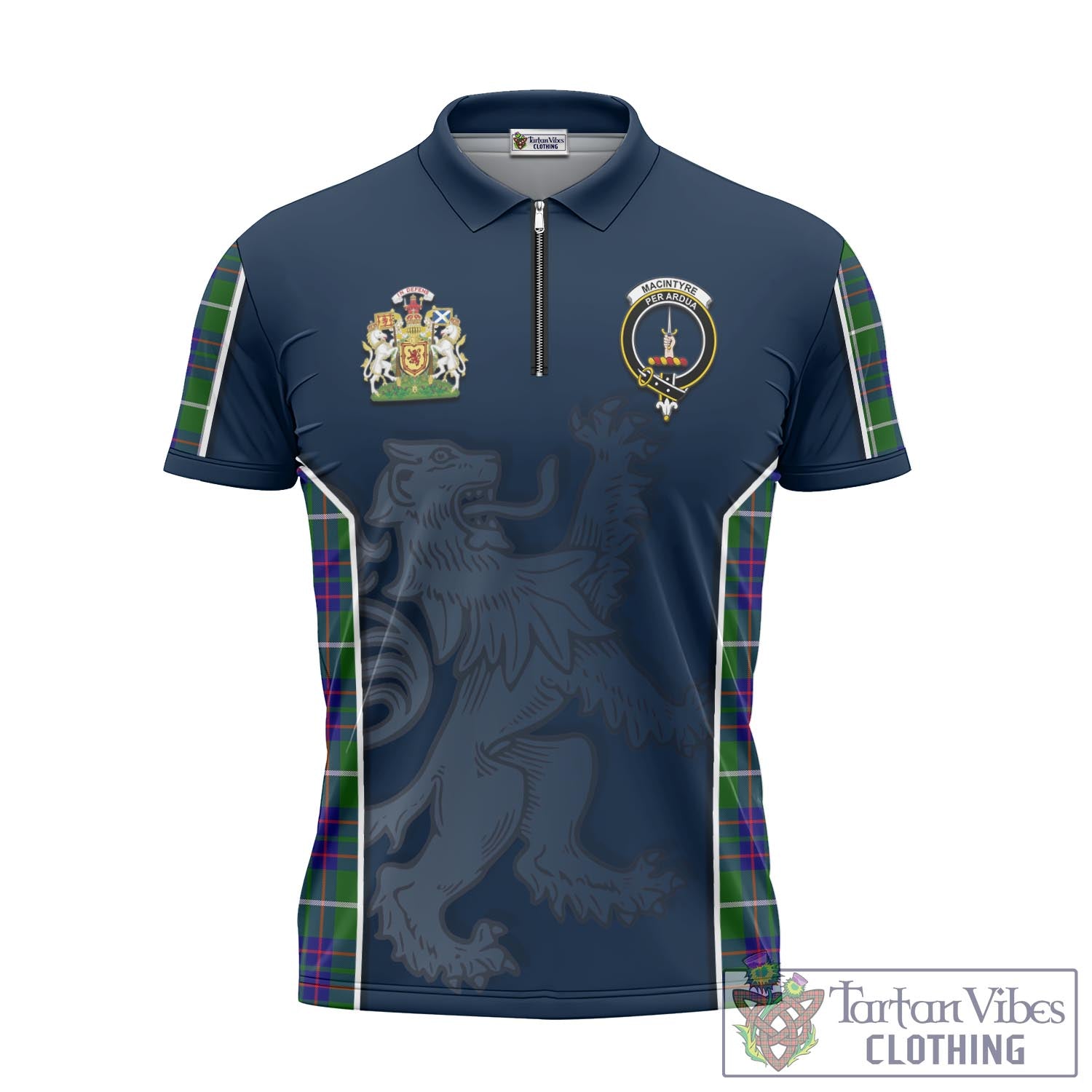Tartan Vibes Clothing MacIntyre Hunting Modern Tartan Zipper Polo Shirt with Family Crest and Lion Rampant Vibes Sport Style