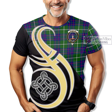 MacIntyre Hunting Modern Tartan T-Shirt with Family Crest and Celtic Symbol Style