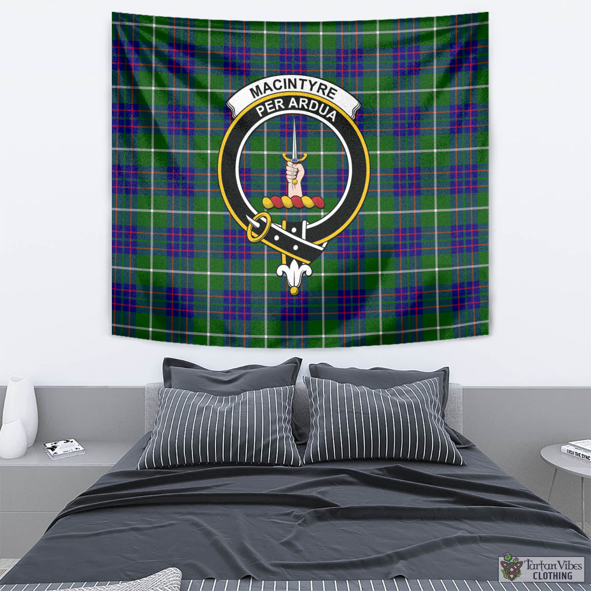 Tartan Vibes Clothing MacIntyre Hunting Modern Tartan Tapestry Wall Hanging and Home Decor for Room with Family Crest