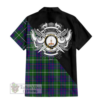 MacIntyre Hunting Modern Tartan Short Sleeve Button Shirt with Family Crest and Military Logo Style