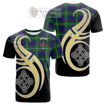 MacIntyre Hunting Modern Tartan Cotton T-shirt with Family Crest and Celtic Symbol Style