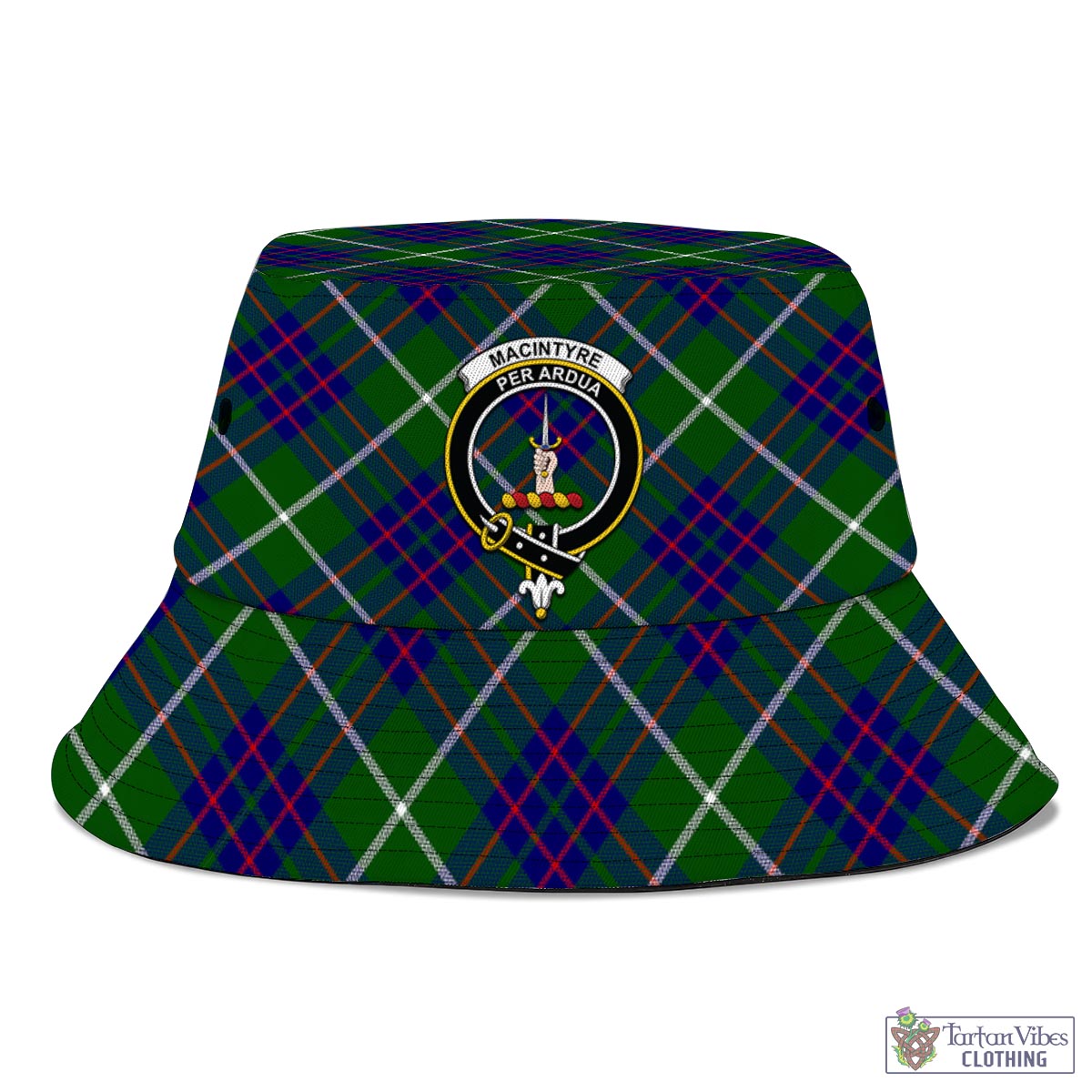 Tartan Vibes Clothing MacIntyre Hunting Modern Tartan Bucket Hat with Family Crest