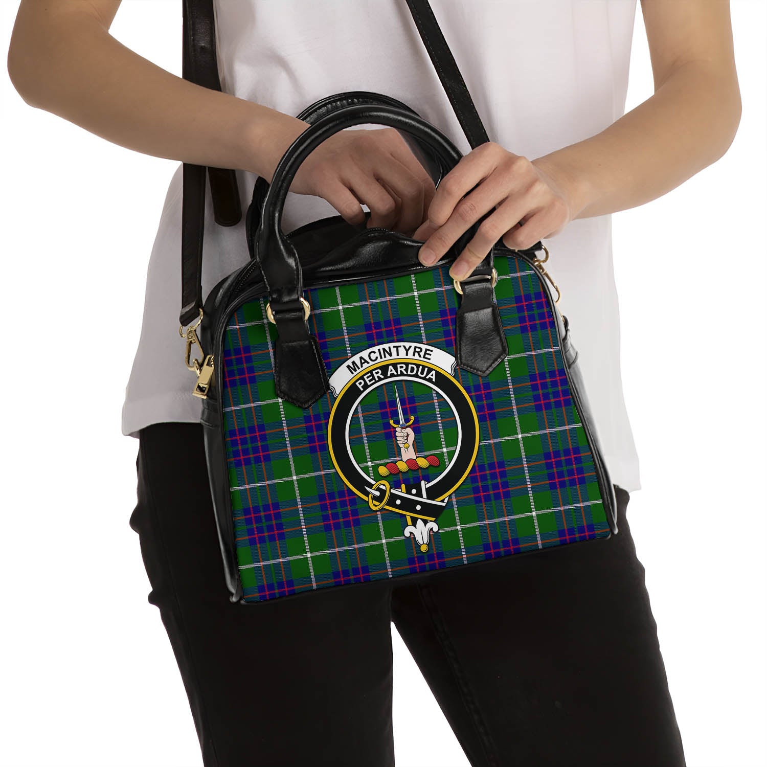 MacIntyre Hunting Modern Tartan Shoulder Handbags with Family Crest - Tartanvibesclothing