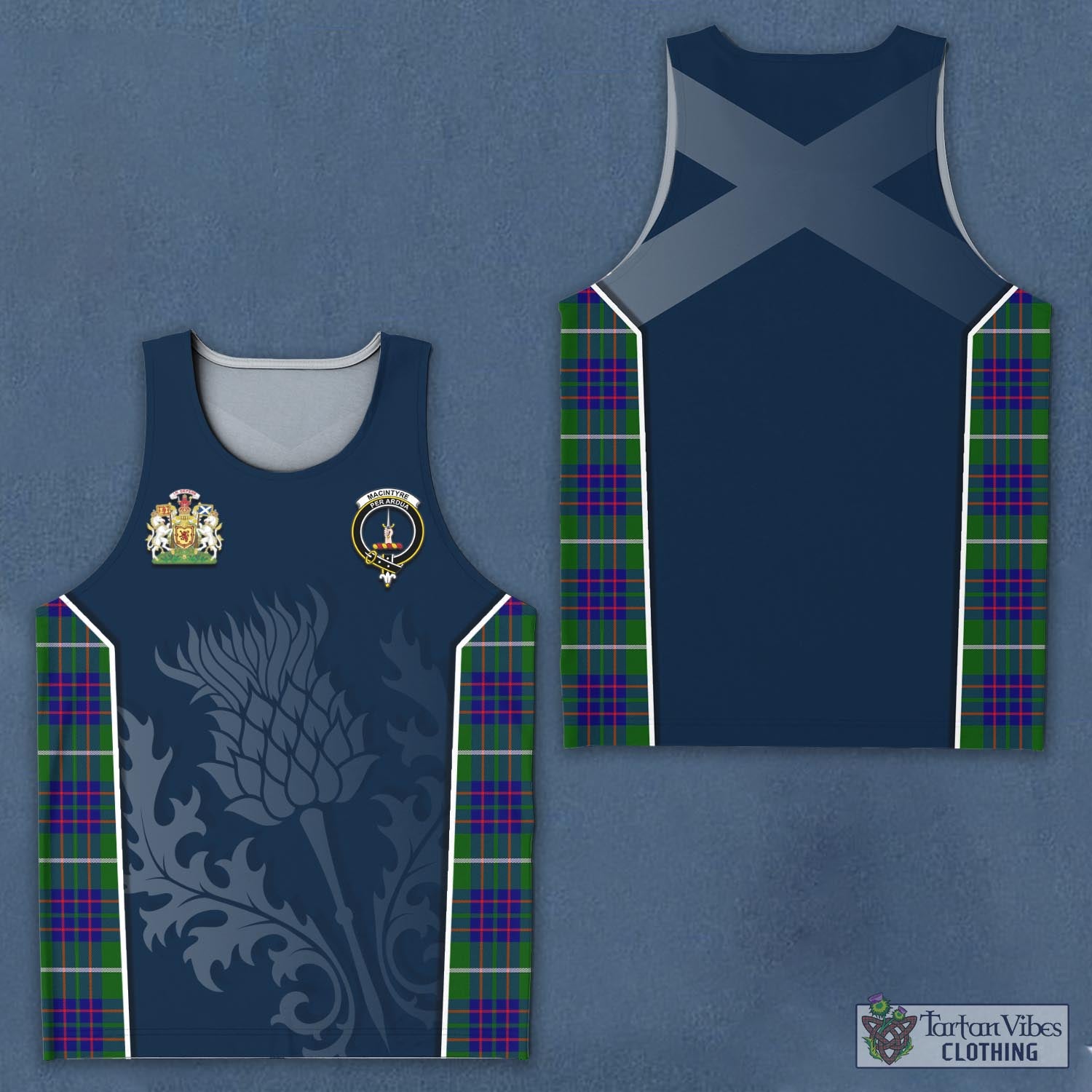 Tartan Vibes Clothing MacIntyre Hunting Modern Tartan Men's Tanks Top with Family Crest and Scottish Thistle Vibes Sport Style