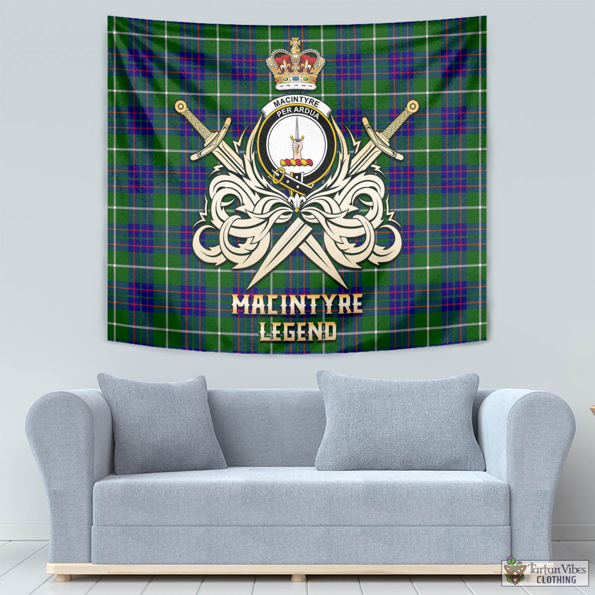 Tartan Vibes Clothing MacIntyre Hunting Modern Tartan Tapestry with Clan Crest and the Golden Sword of Courageous Legacy