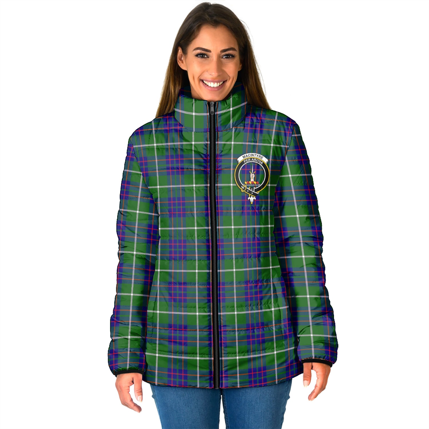 MacIntyre Hunting Modern Tartan Padded Jacket with Family Crest - Tartan Vibes Clothing