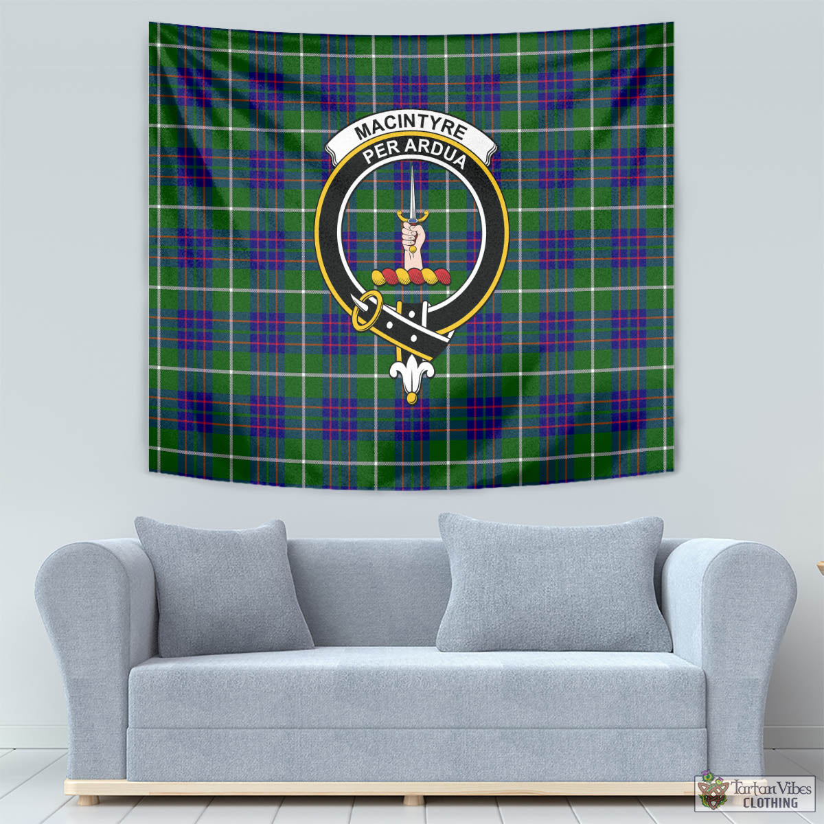 Tartan Vibes Clothing MacIntyre Hunting Modern Tartan Tapestry Wall Hanging and Home Decor for Room with Family Crest