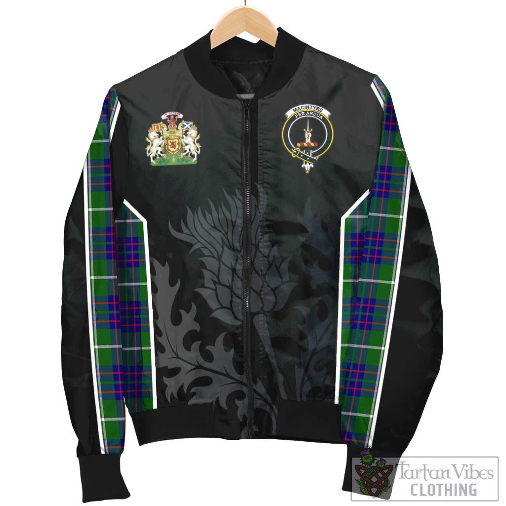 Tartan Vibes Clothing MacIntyre Hunting Modern Tartan Bomber Jacket with Family Crest and Scottish Thistle Vibes Sport Style