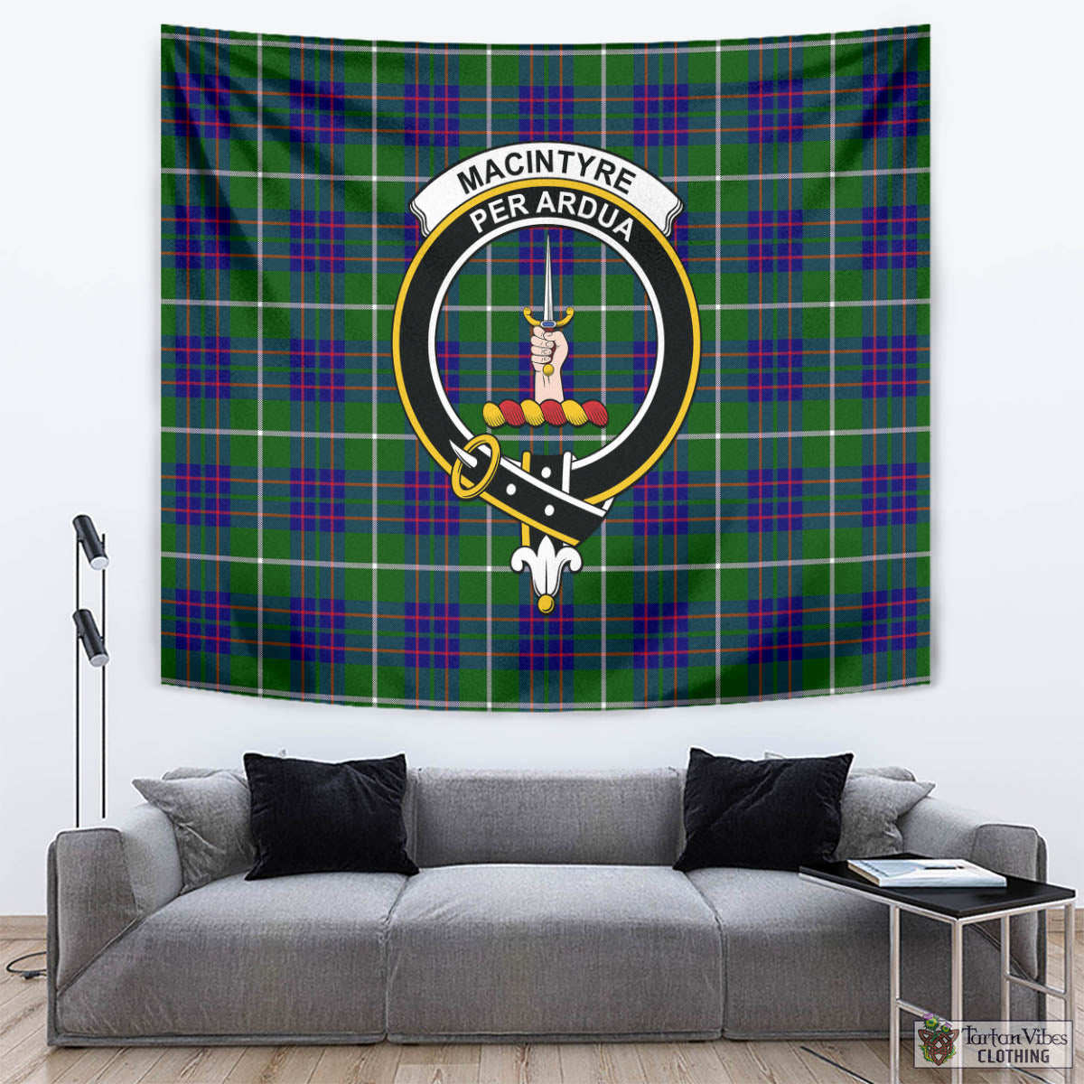 Tartan Vibes Clothing MacIntyre Hunting Modern Tartan Tapestry Wall Hanging and Home Decor for Room with Family Crest