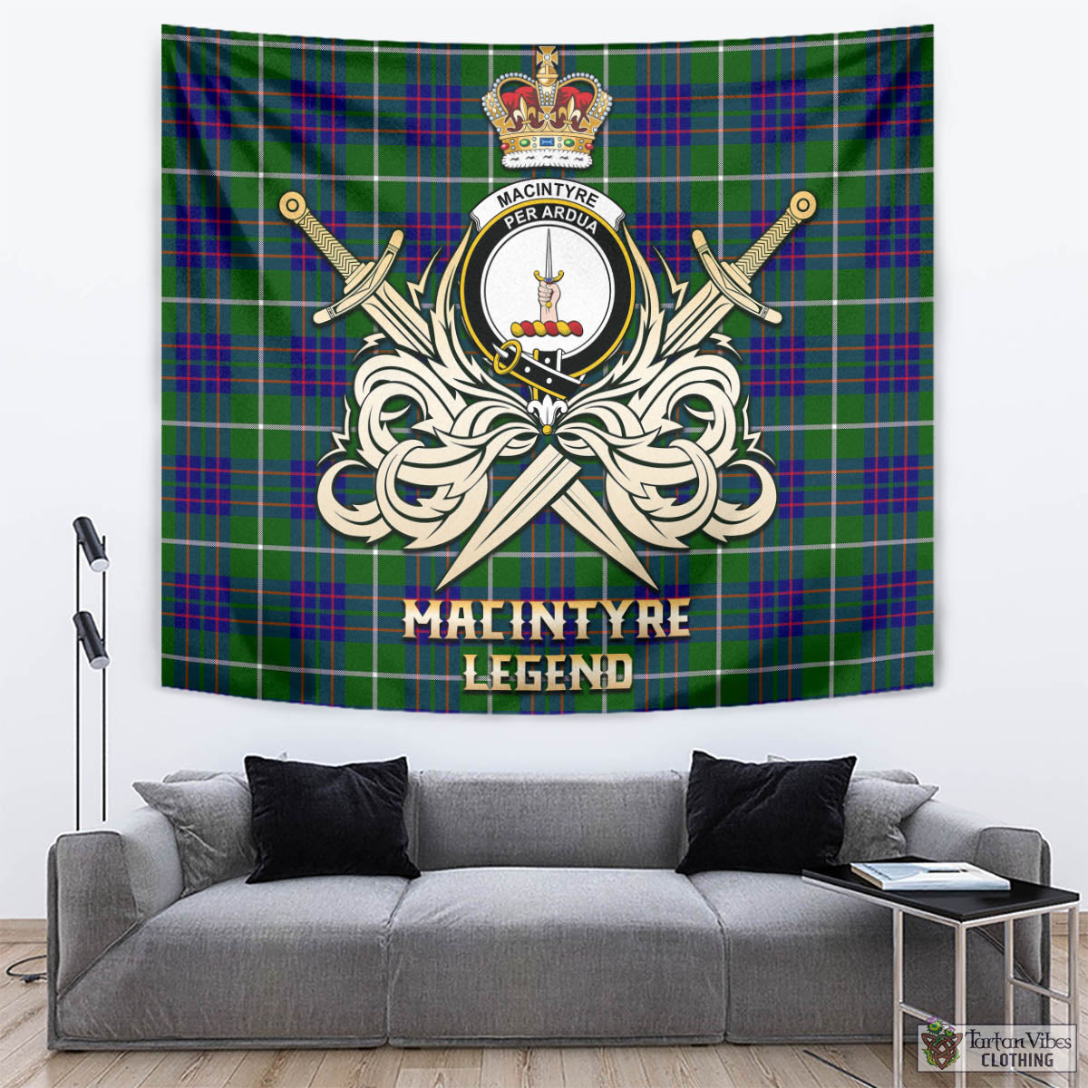 Tartan Vibes Clothing MacIntyre Hunting Modern Tartan Tapestry with Clan Crest and the Golden Sword of Courageous Legacy