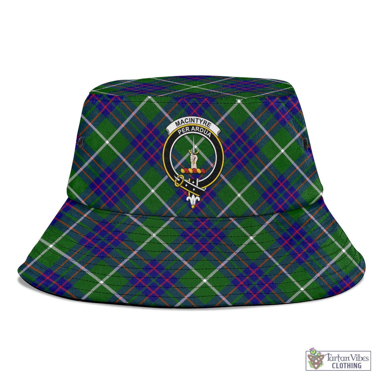 Tartan Vibes Clothing MacIntyre Hunting Modern Tartan Bucket Hat with Family Crest