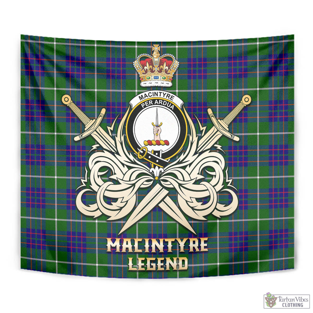 Tartan Vibes Clothing MacIntyre Hunting Modern Tartan Tapestry with Clan Crest and the Golden Sword of Courageous Legacy