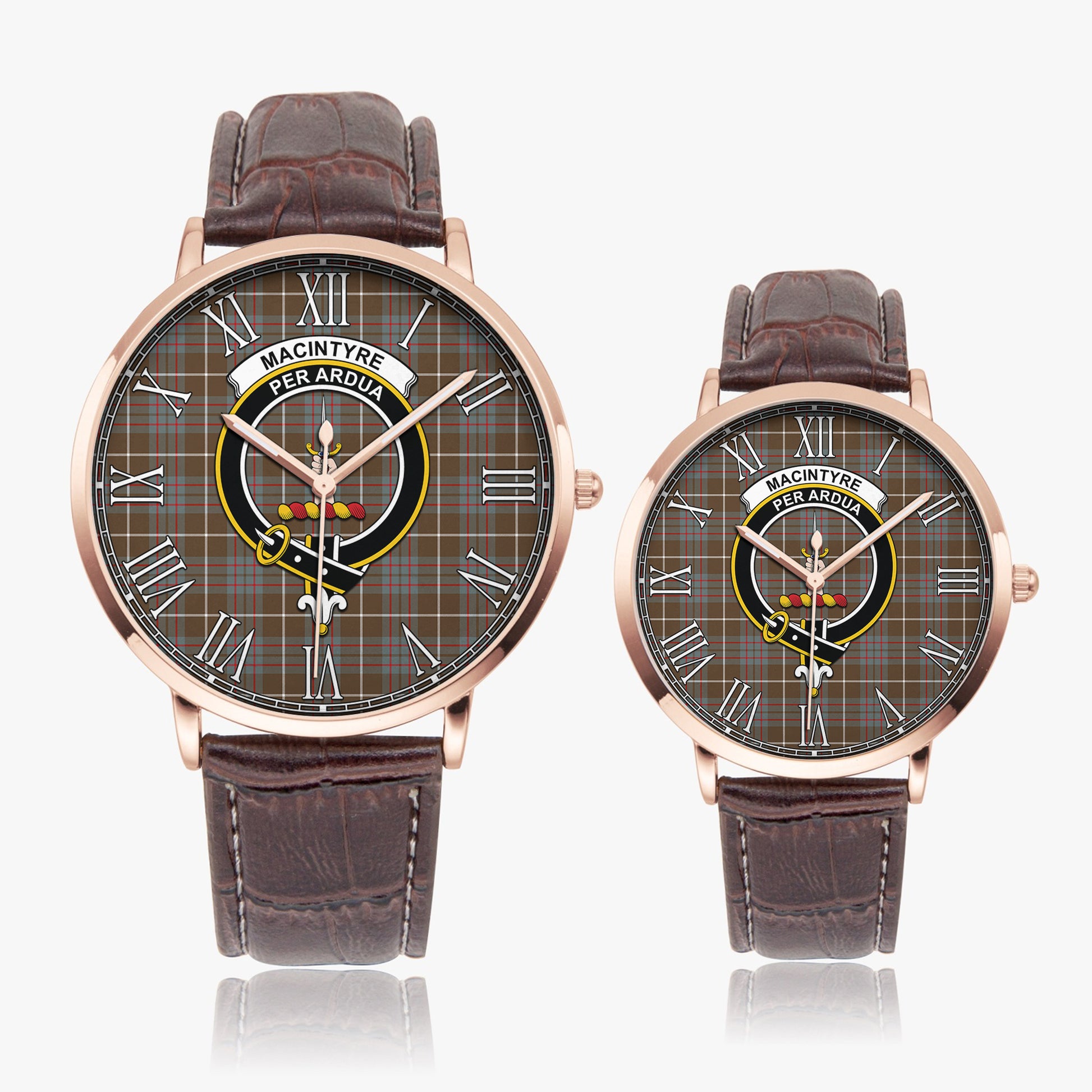 MacIntyre Hunting Weathered Tartan Family Crest Leather Strap Quartz Watch - Tartanvibesclothing