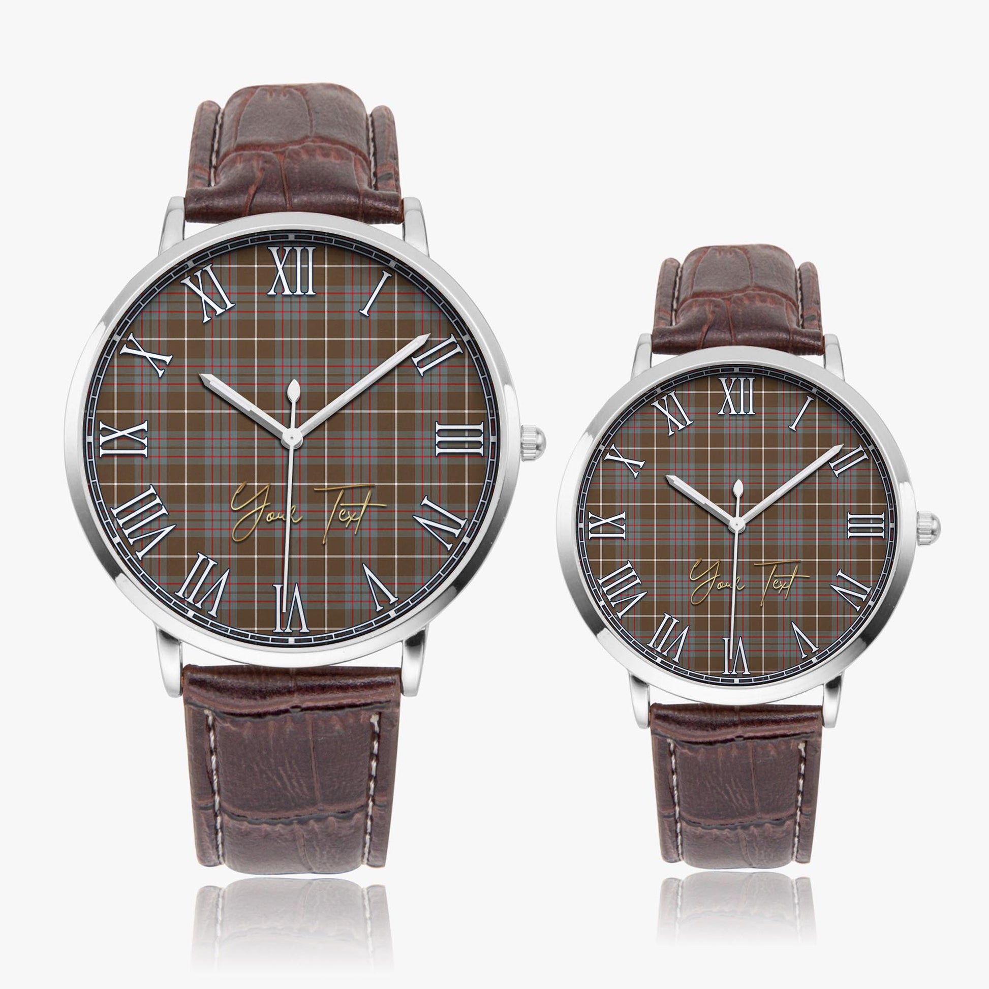 MacIntyre Hunting Weathered Tartan Personalized Your Text Leather Trap Quartz Watch Ultra Thin Silver Case With Brown Leather Strap - Tartanvibesclothing