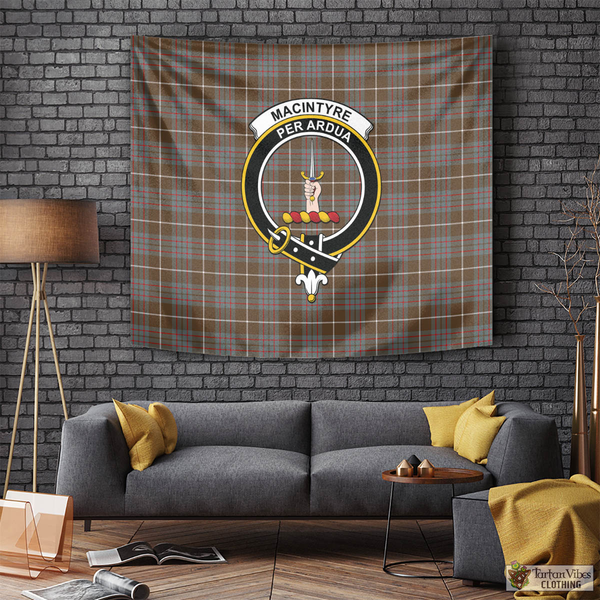 Tartan Vibes Clothing MacIntyre Hunting Weathered Tartan Tapestry Wall Hanging and Home Decor for Room with Family Crest