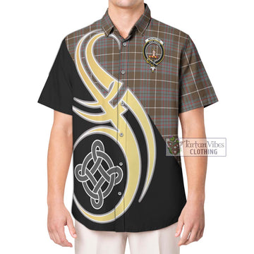 MacIntyre Hunting Weathered Tartan Short Sleeve Button Shirt with Family Crest and Celtic Symbol Style