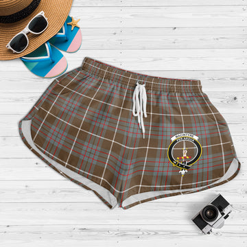 MacIntyre Hunting Weathered Tartan Womens Shorts with Family Crest