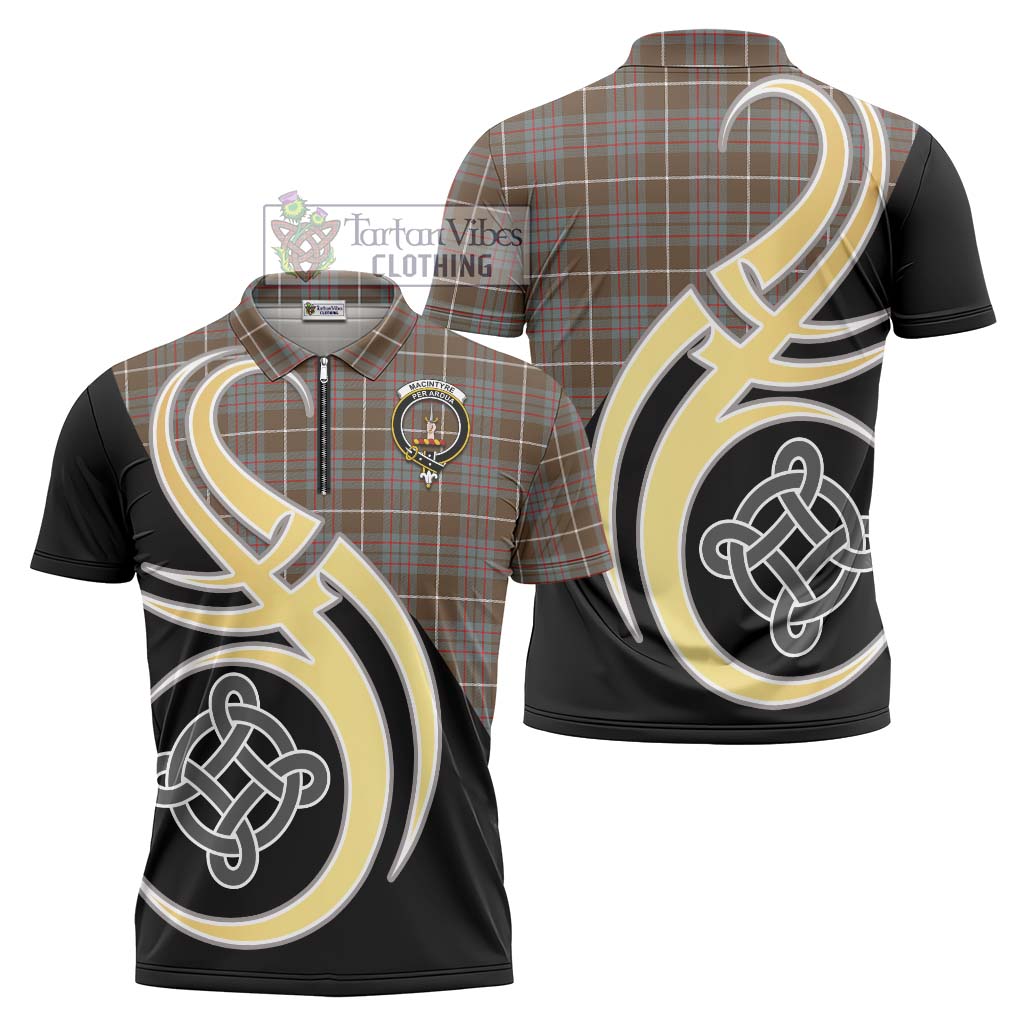 Tartan Vibes Clothing MacIntyre Hunting Weathered Tartan Zipper Polo Shirt with Family Crest and Celtic Symbol Style