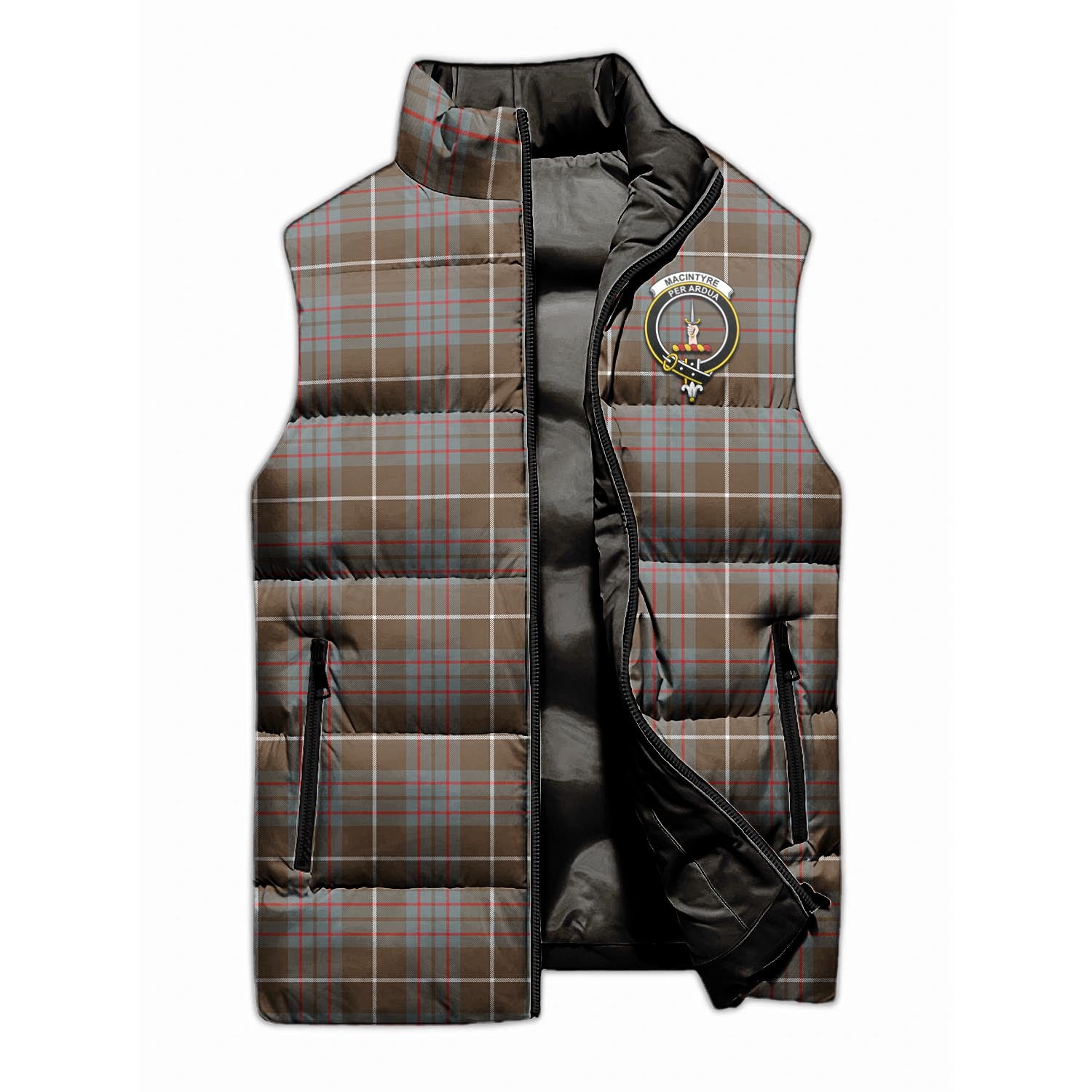 MacIntyre Hunting Weathered Tartan Sleeveless Puffer Jacket with Family Crest - Tartanvibesclothing