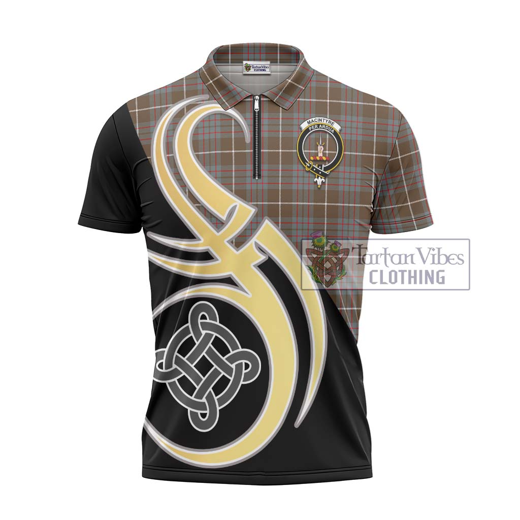 Tartan Vibes Clothing MacIntyre Hunting Weathered Tartan Zipper Polo Shirt with Family Crest and Celtic Symbol Style