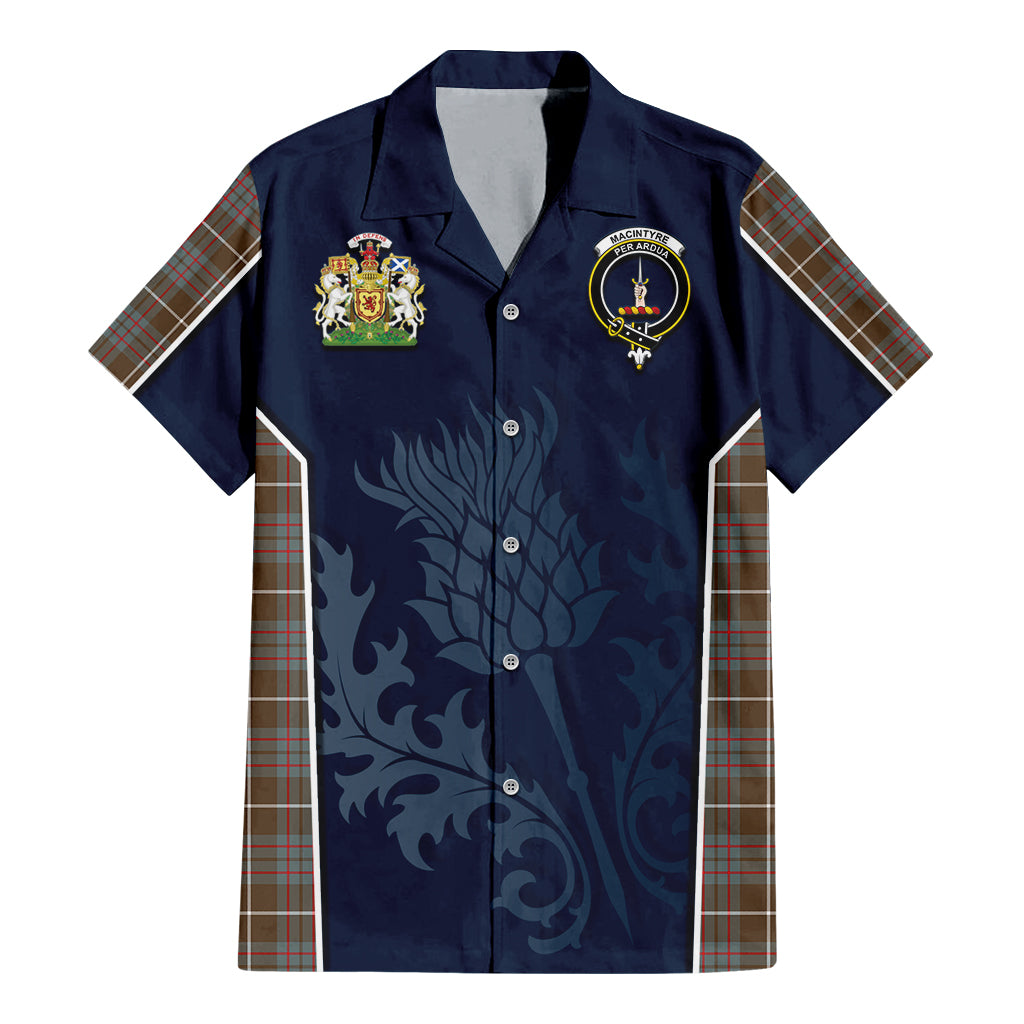 Tartan Vibes Clothing MacIntyre Hunting Weathered Tartan Short Sleeve Button Up Shirt with Family Crest and Scottish Thistle Vibes Sport Style