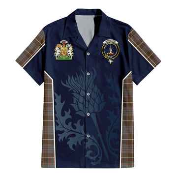 MacIntyre Hunting Weathered Tartan Short Sleeve Button Up Shirt with Family Crest and Scottish Thistle Vibes Sport Style