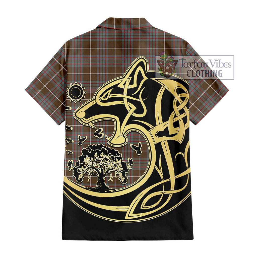 MacIntyre Hunting Weathered Tartan Short Sleeve Button Shirt with Family Crest Celtic Wolf Style - Tartan Vibes Clothing