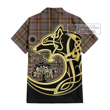 MacIntyre Hunting Weathered Tartan Short Sleeve Button Shirt with Family Crest Celtic Wolf Style