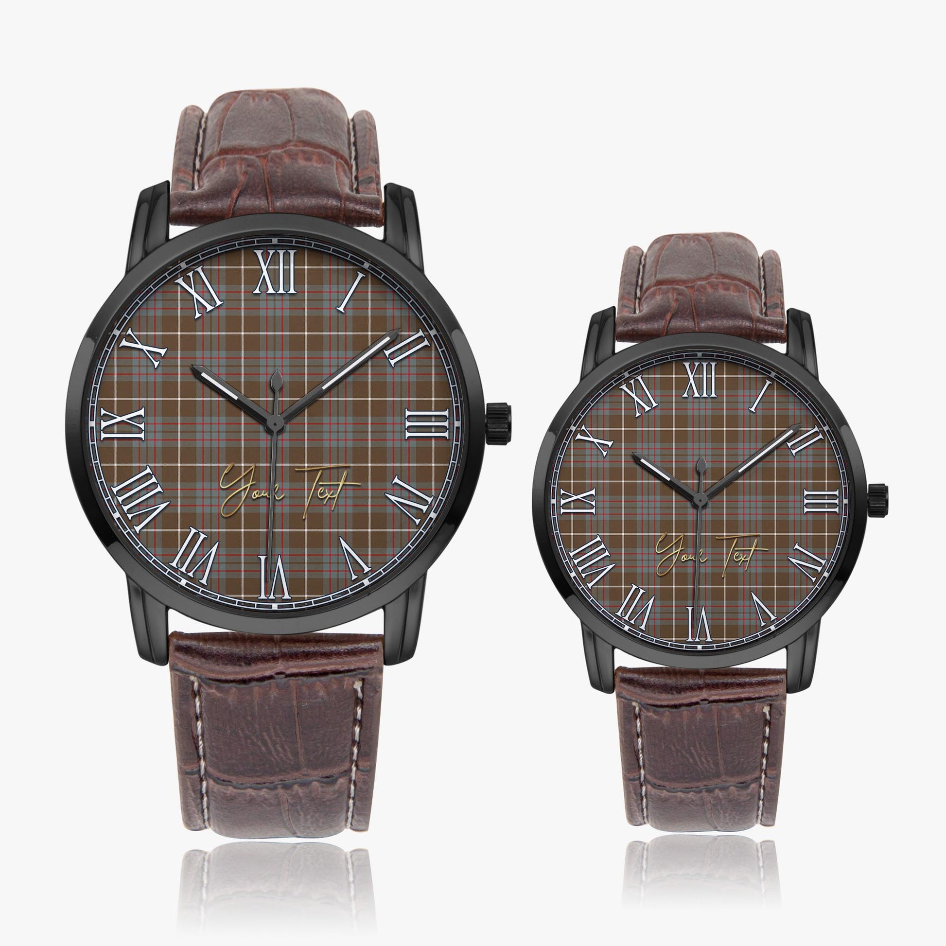 MacIntyre Hunting Weathered Tartan Personalized Your Text Leather Trap Quartz Watch Wide Type Black Case With Brown Leather Strap - Tartanvibesclothing