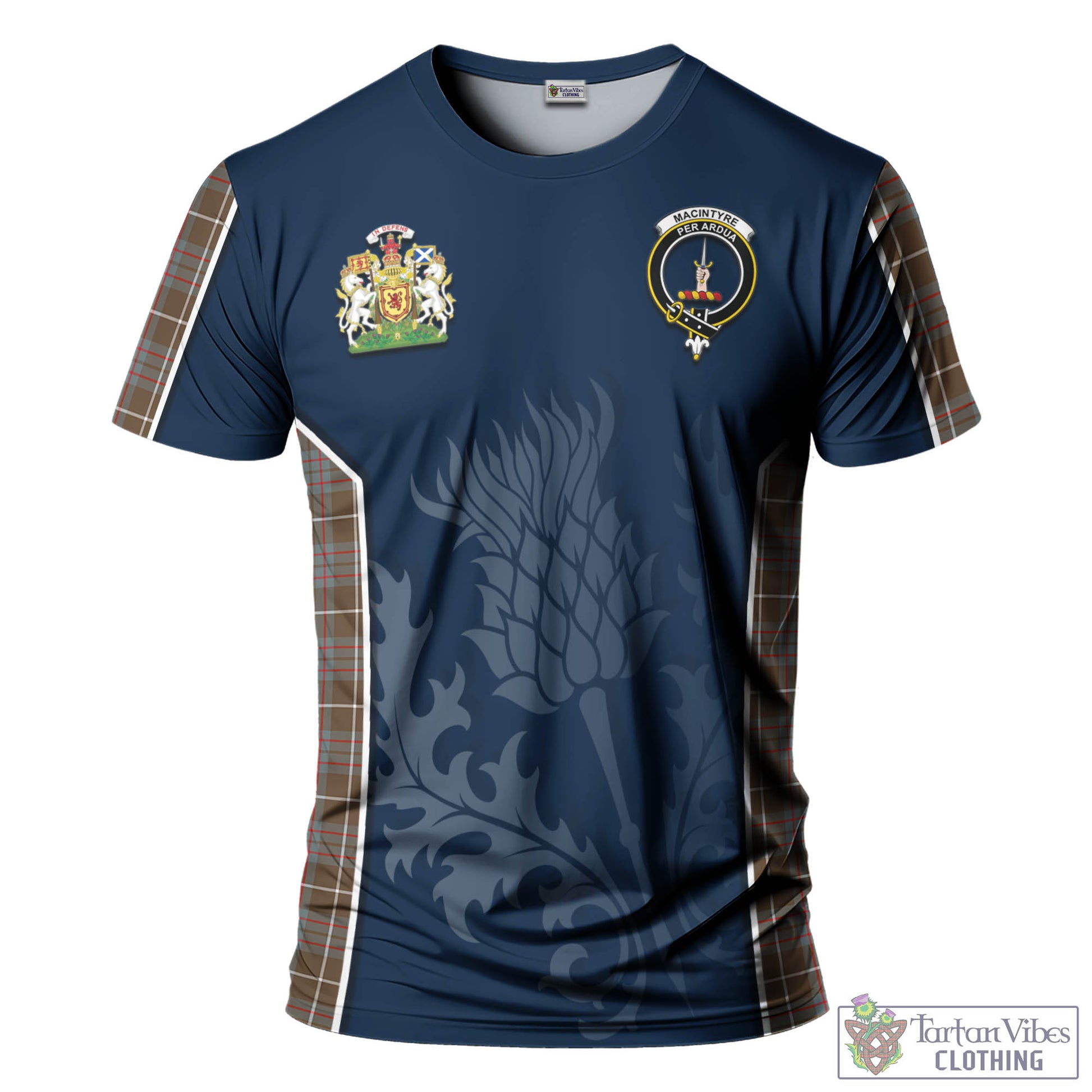 Tartan Vibes Clothing MacIntyre Hunting Weathered Tartan T-Shirt with Family Crest and Scottish Thistle Vibes Sport Style