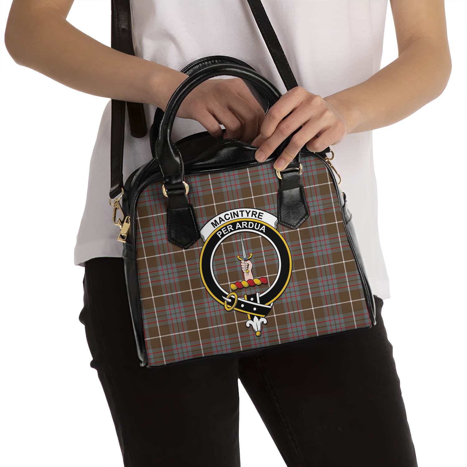 MacIntyre Hunting Weathered Tartan Shoulder Handbags with Family Crest - Tartanvibesclothing