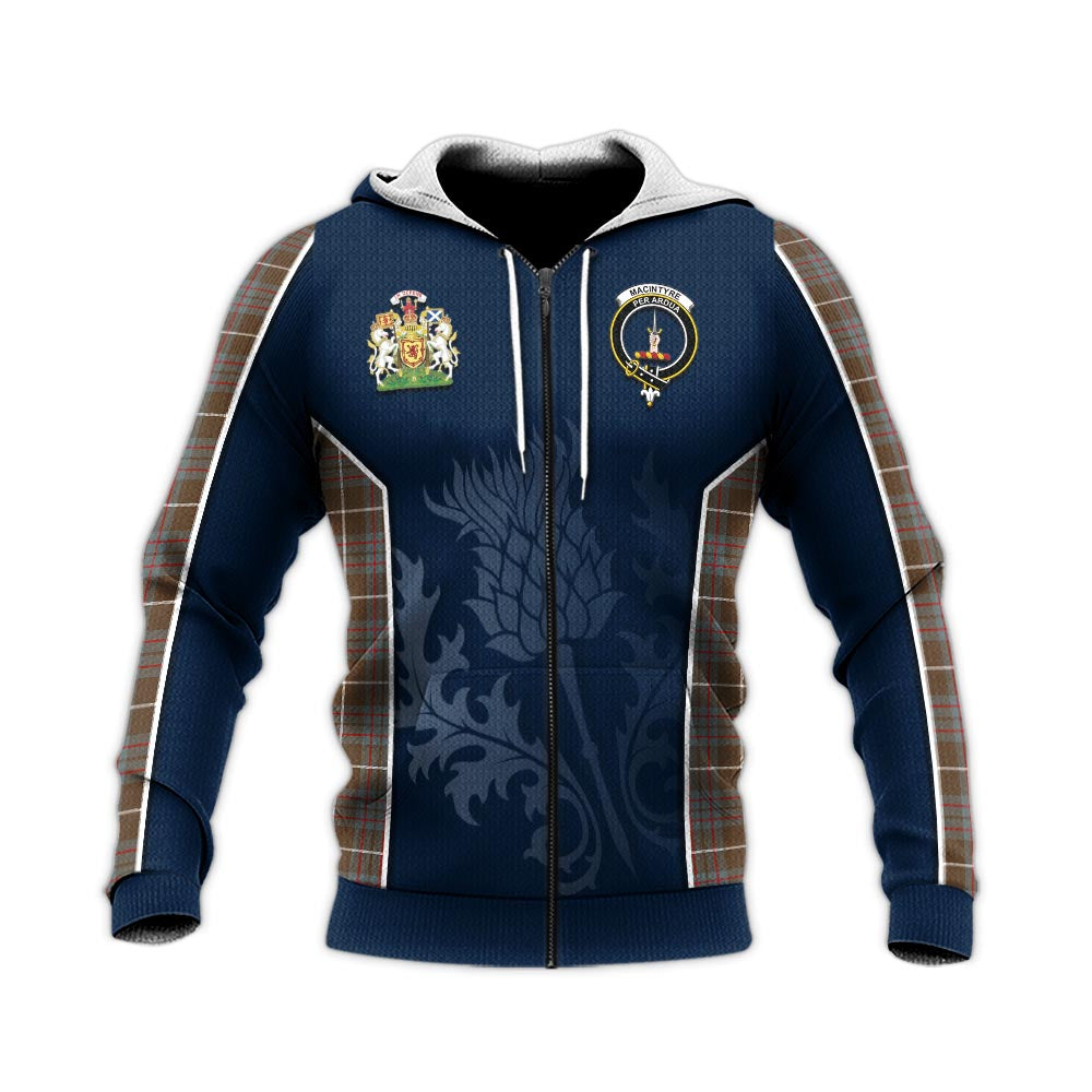 Tartan Vibes Clothing MacIntyre Hunting Weathered Tartan Knitted Hoodie with Family Crest and Scottish Thistle Vibes Sport Style