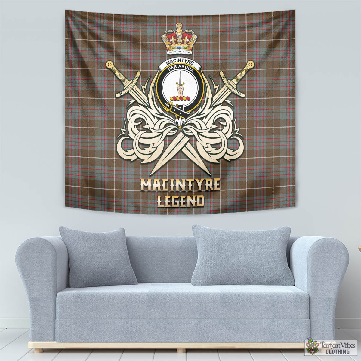 Tartan Vibes Clothing MacIntyre Hunting Weathered Tartan Tapestry with Clan Crest and the Golden Sword of Courageous Legacy