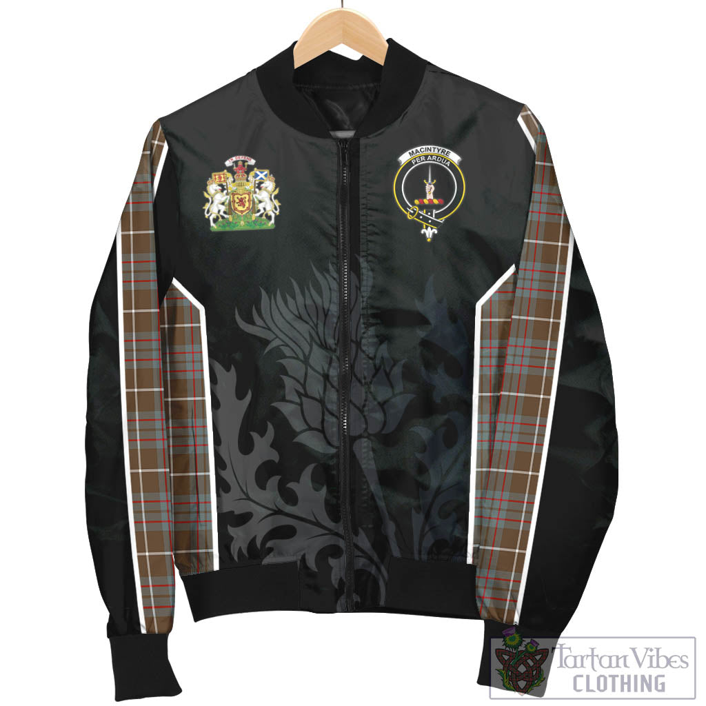 Tartan Vibes Clothing MacIntyre Hunting Weathered Tartan Bomber Jacket with Family Crest and Scottish Thistle Vibes Sport Style