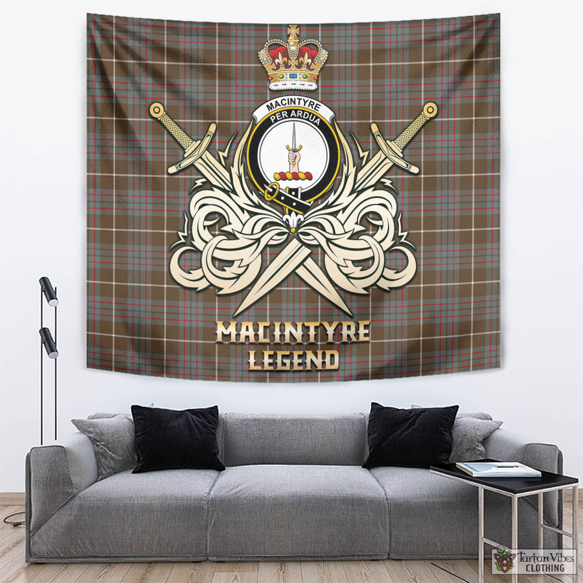 Tartan Vibes Clothing MacIntyre Hunting Weathered Tartan Tapestry with Clan Crest and the Golden Sword of Courageous Legacy