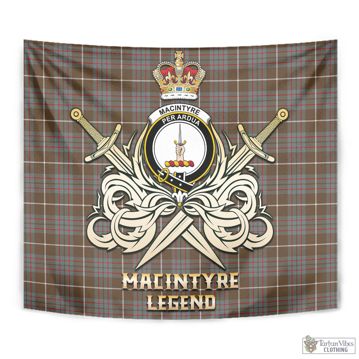 Tartan Vibes Clothing MacIntyre Hunting Weathered Tartan Tapestry with Clan Crest and the Golden Sword of Courageous Legacy