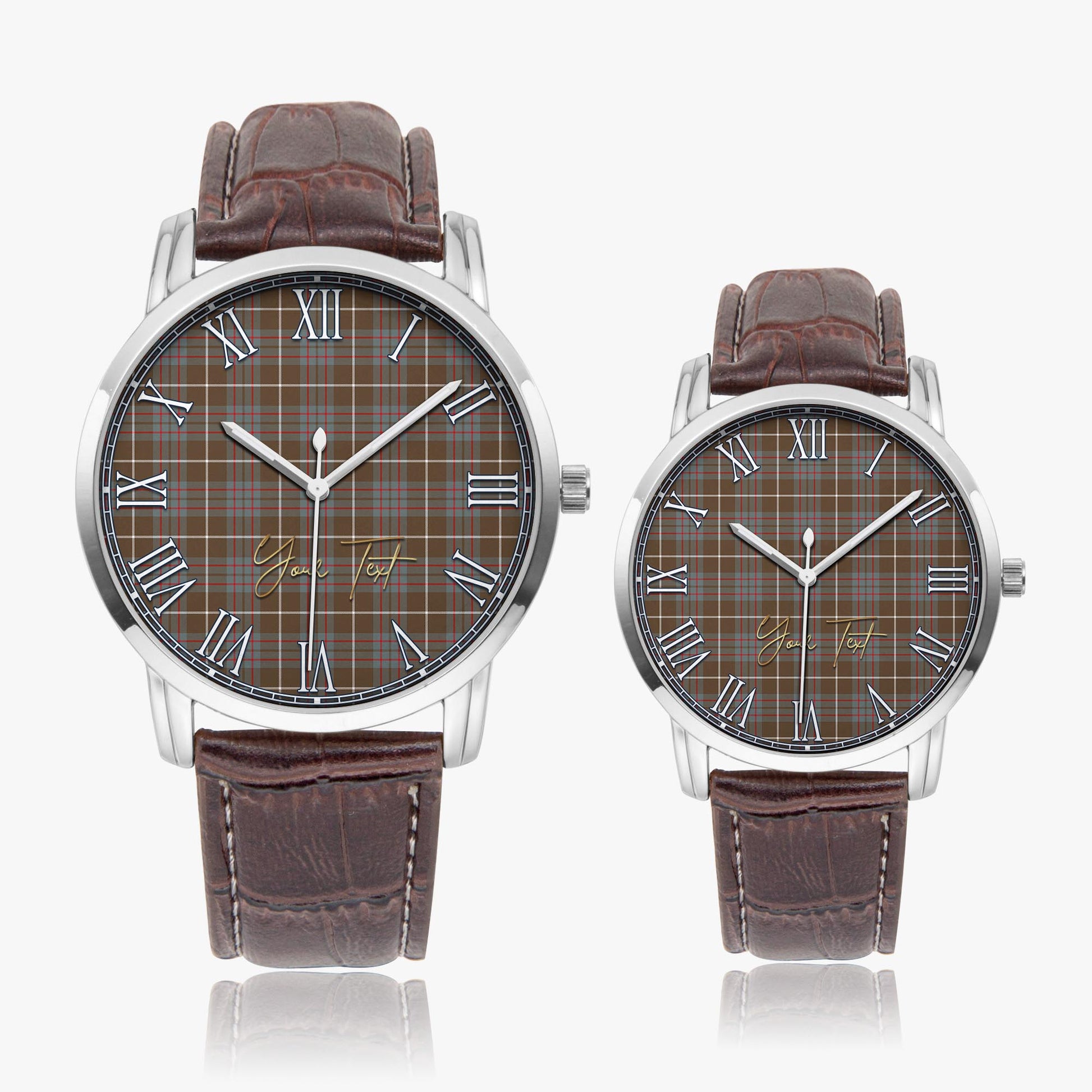 MacIntyre Hunting Weathered Tartan Personalized Your Text Leather Trap Quartz Watch Wide Type Silver Case With Brown Leather Strap - Tartanvibesclothing